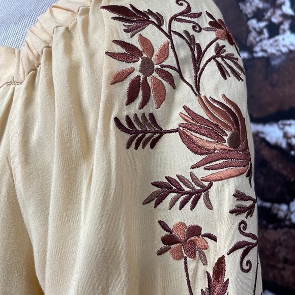 Mystrada Dress Womens 38 Tan Blouson Midi Short Sleeve Embroidery Floral Pockets - Picture 8 of 17